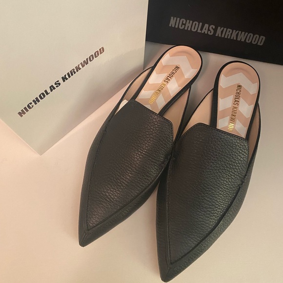 Nicholas Kirkwood Black Leather Beya Slip-on Mules Flats Loafers Shoes 38 *Mint* - Picture 1 of 8